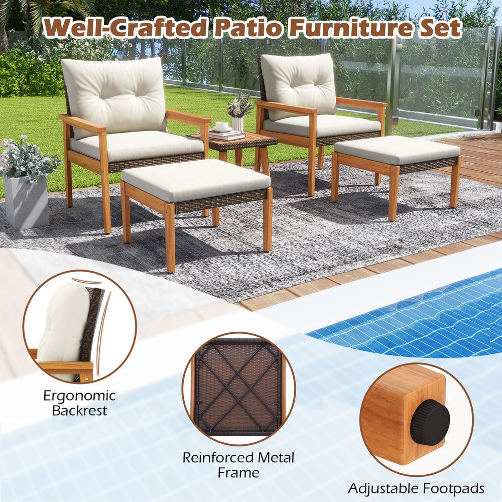 5-piece rattan furniture set featuring ergonomic chairs and a square coffee table, perfect for backyard relaxation.