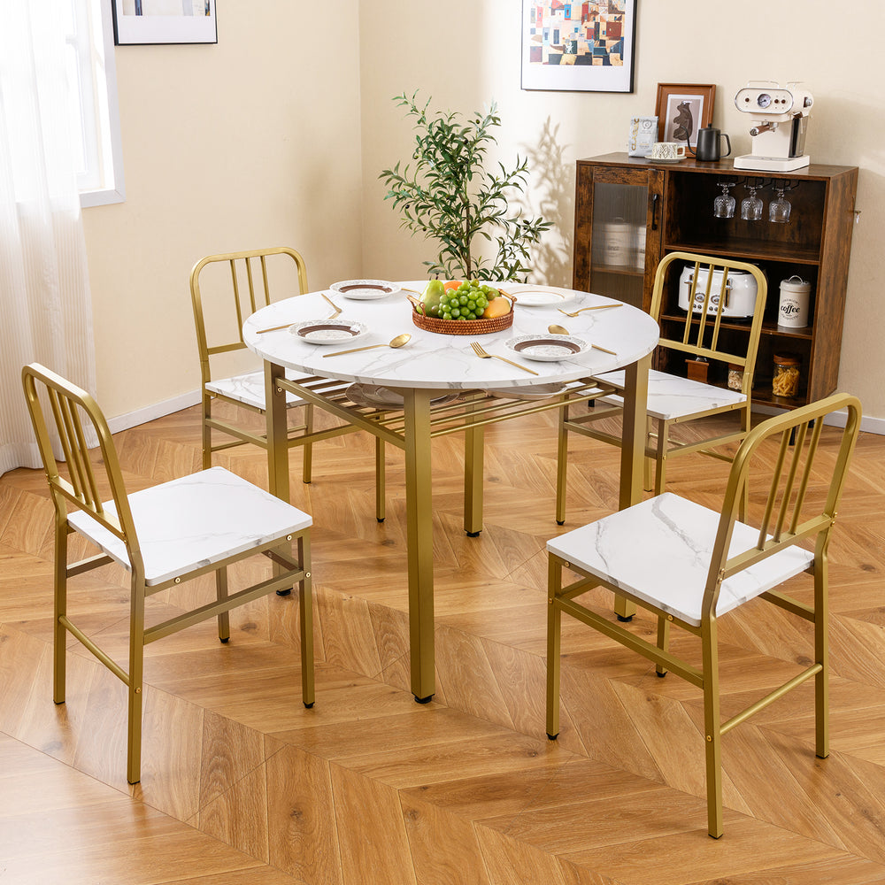 5-piece round dining table set with white marble top and gold metal frame, includes storage shelf for dining room use.
