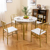 5-piece round dining table set with white marble top and gold metal frame, includes storage shelf for dining room use.