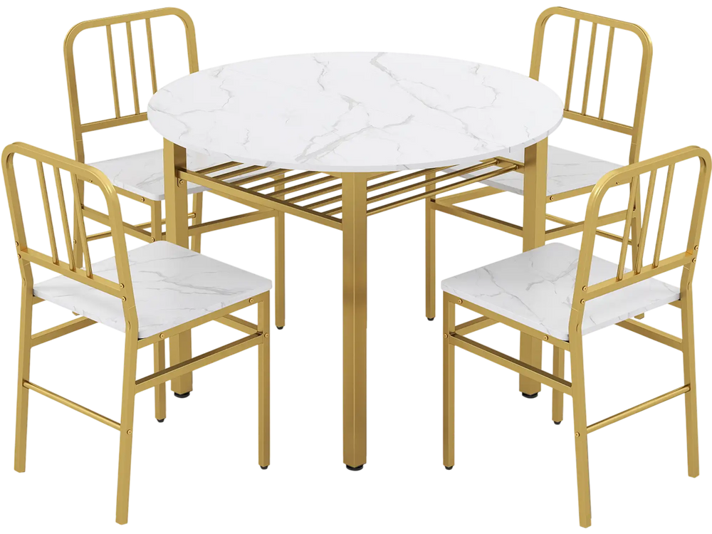 Round dining table set with four chairs, white marble top, gold metal frame, and lower storage shelf for dining rooms.