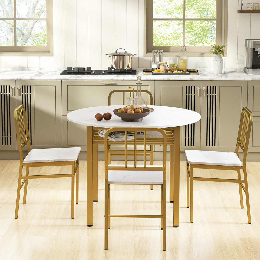 Round dining table set with storage shelf, featuring a white tabletop and gold metal frame, ideal for dining rooms.