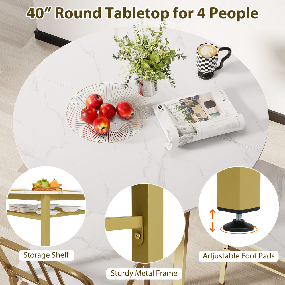 40" round dining table for 4 with a white finish, sturdy metal frame, and lower storage shelf for dining room use.