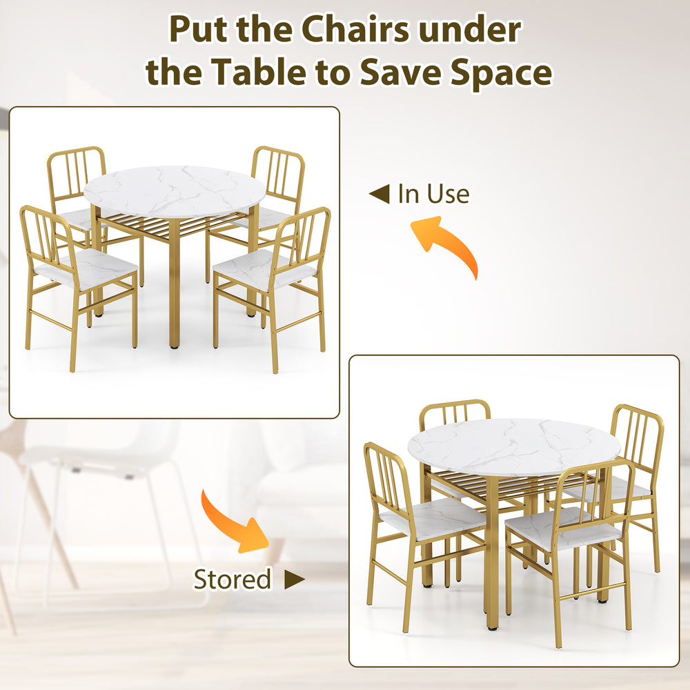 5-piece round dining table set with a 40" table and chairs stored underneath for space-saving in dining rooms.