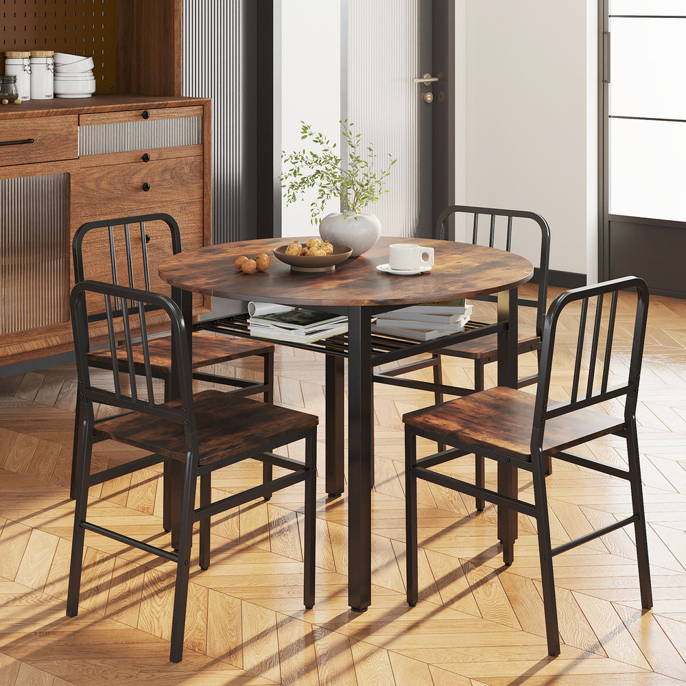 5-Piece Round Dining Table Set with Storage Shelf for Dining Room-Rustic Brown - Gallery View 1 of 10
