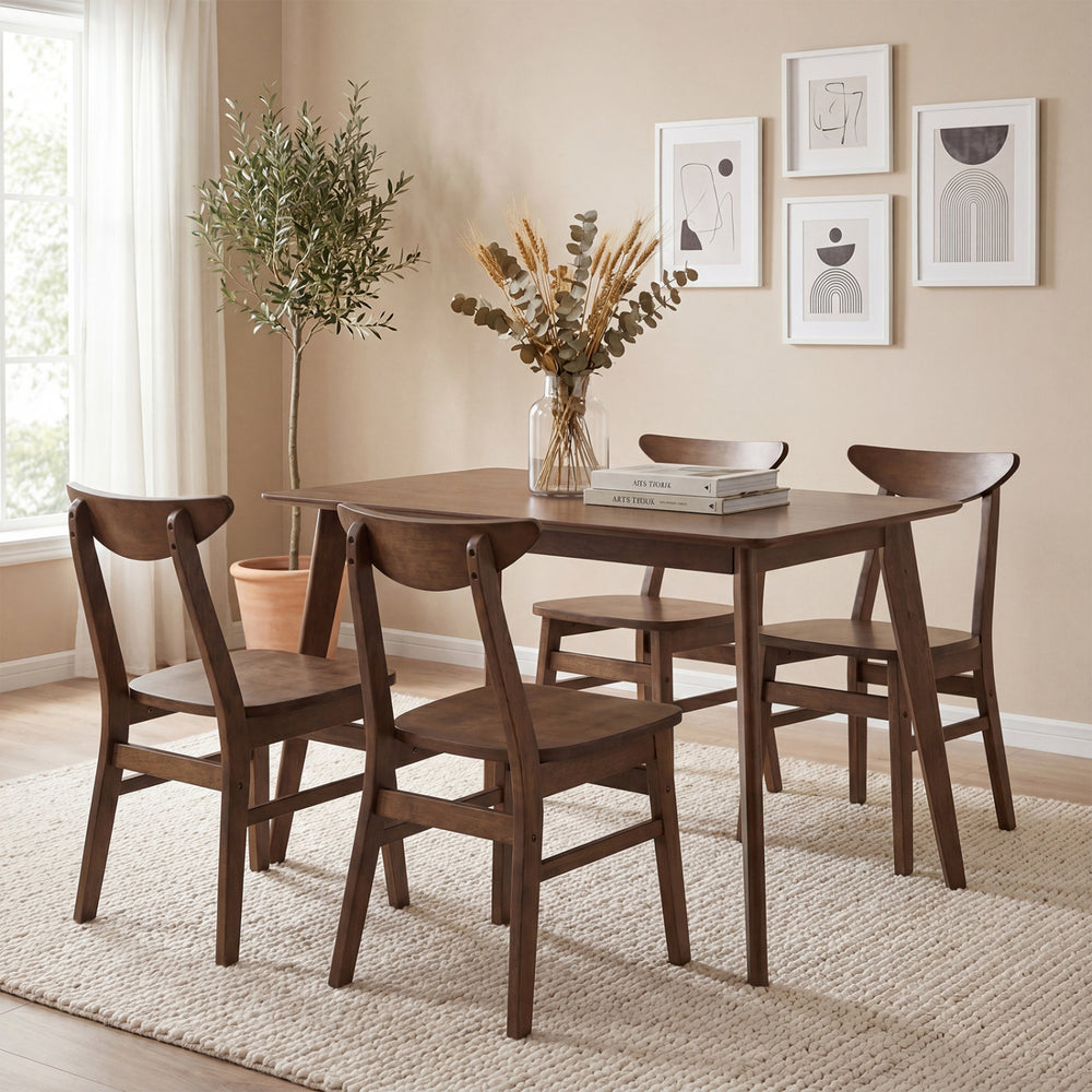 5-piece solid wood dining table set in walnut finish, perfect for small spaces, featuring four matching chairs.