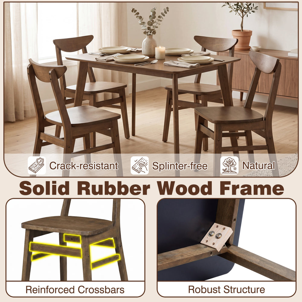 5-piece solid wood dining table set in walnut finish, featuring a sturdy rubber wood frame, ideal for small spaces.
