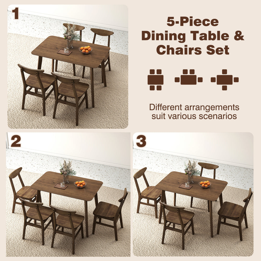 5-piece solid wood dining table set in walnut, showcasing different arrangements for small spaces.