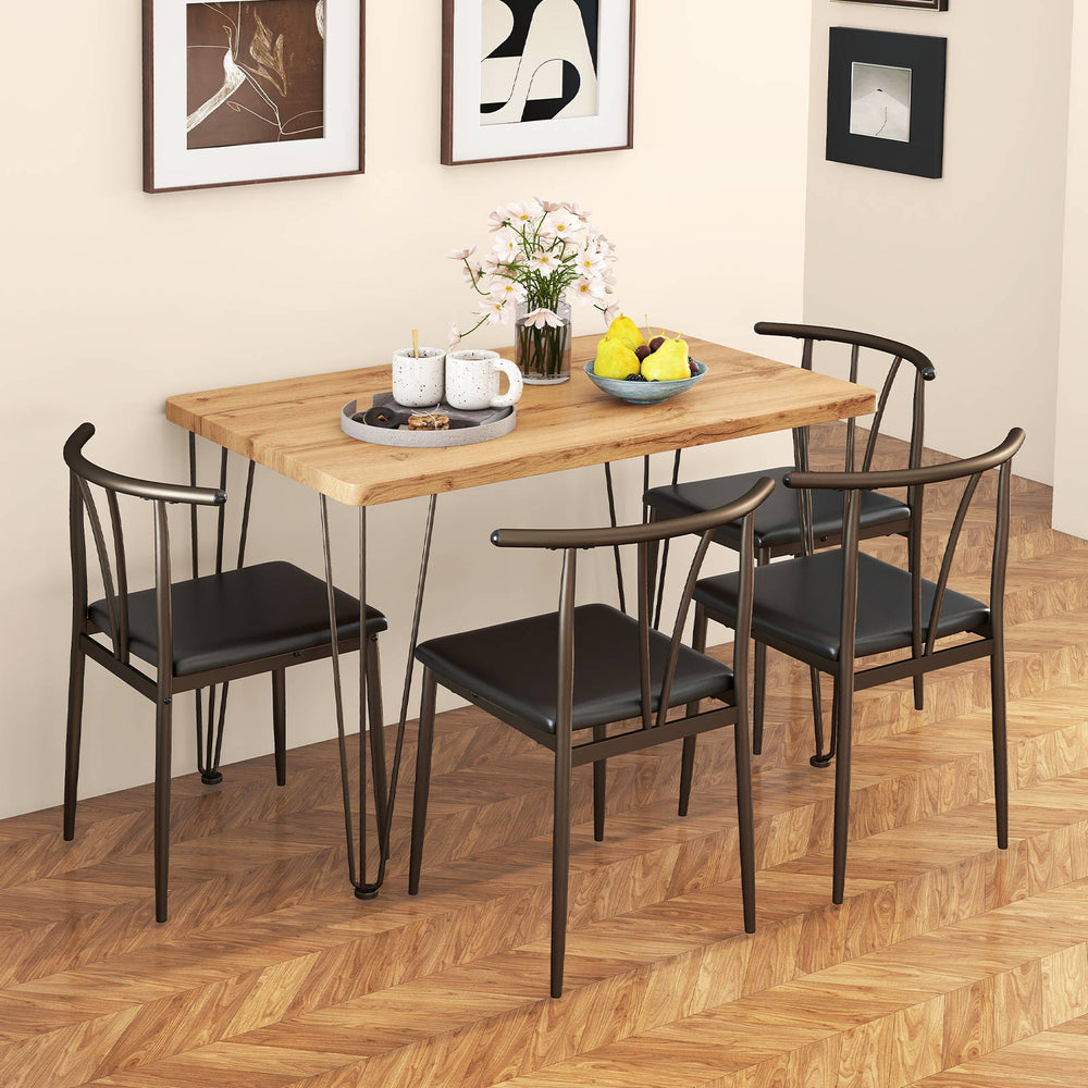 5-piece industrial dining table set with a wood-like veneer top and 4 armless chairs, perfect for space-saving in.