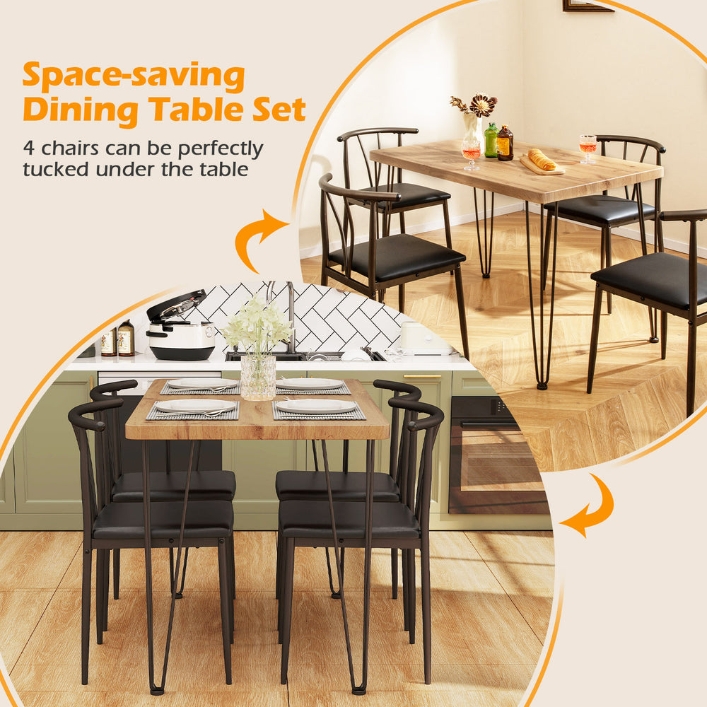 5-piece space-saving dining table set with black armless chairs, featuring a sturdy rectangular table and spindle.