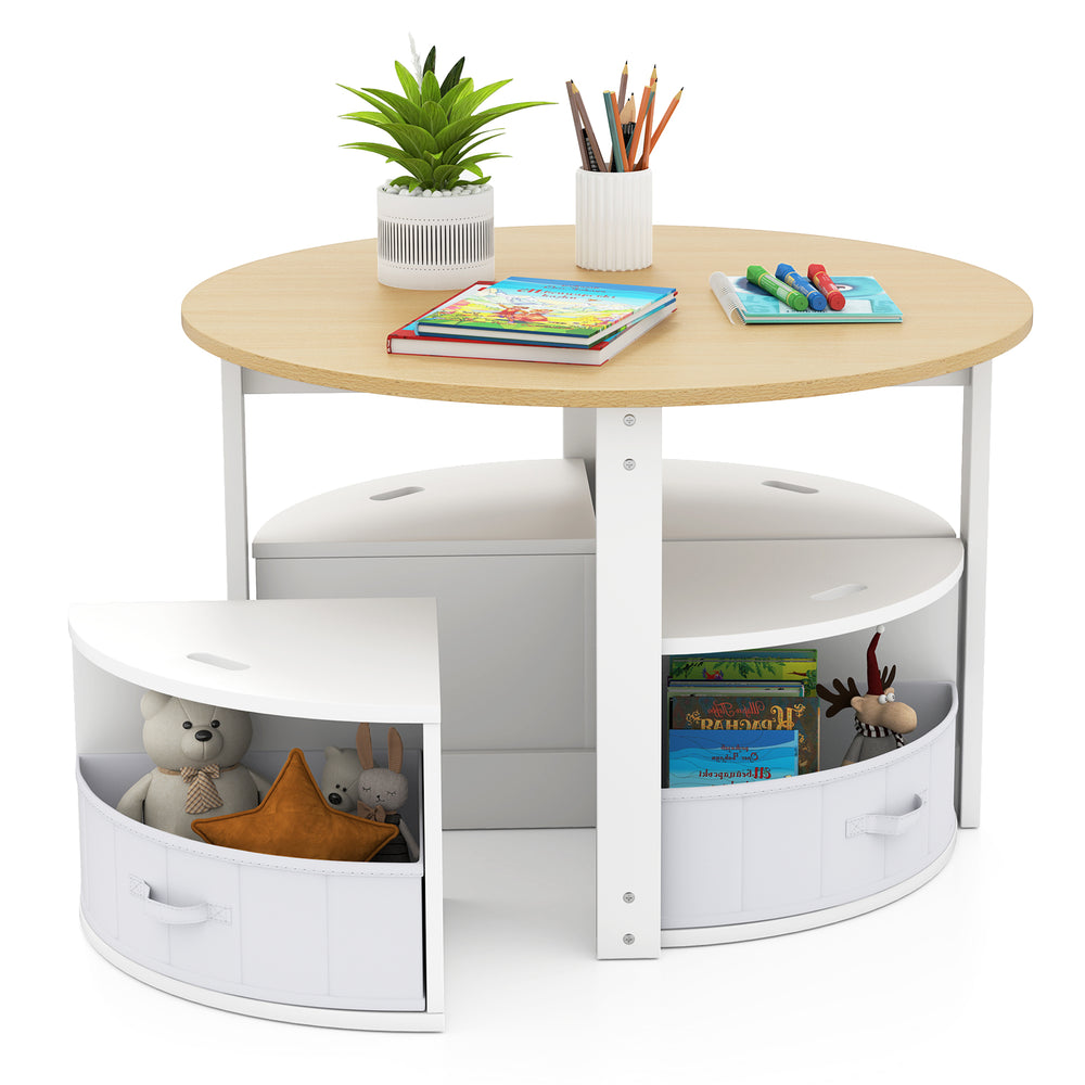 Round nesting table with four storage stools, featuring child-safe materials and built-in storage for activities.