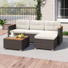5-piece wicker conversation set with white cushions, featuring an acacia wood tabletop, ideal for outdoor patio.