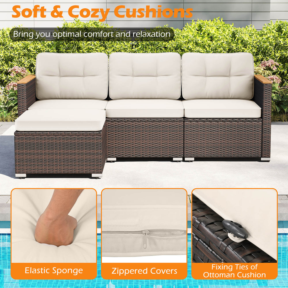 5-piece wicker conversation set featuring white cushions, acacia wood armrests, and a coffee table for outdoor.