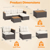 5-piece wicker conversation set with white cushions, featuring an acacia wood coffee table and adjustable foot pads.