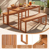 Outdoor acacia wood dining table with slatted tabletop, accommodating 4-6 people, perfect for garden or patio use.