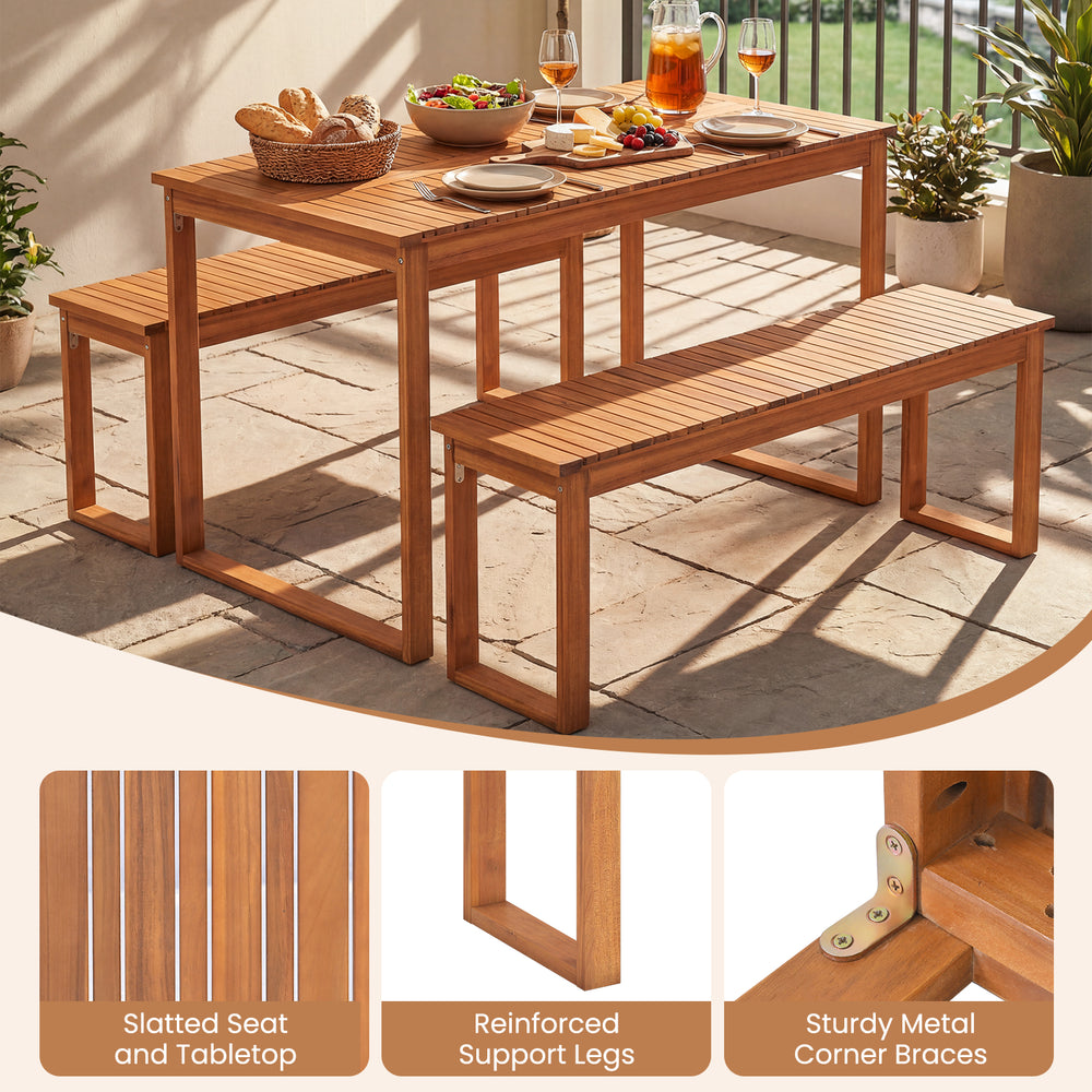 Outdoor acacia wood dining table with slatted tabletop, accommodating 4-6 people, perfect for garden or patio use.