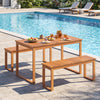 Acacia wood dining table set beside a pool, featuring slatted design and accommodating 4-6 people for outdoor dining.