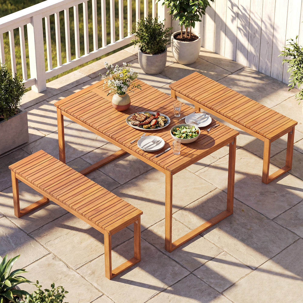 Top view of an outdoor acacia wood dining table with slatted design, ideal for garden or patio dining experiences.