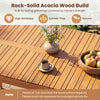 Close-up of the slatted surface of an outdoor acacia wood dining table, showcasing its splinter-free finish and rustic.