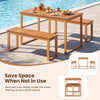 Outdoor acacia wood dining table with slatted tabletop, accommodating 4-6 people, perfect for patio or garden use.