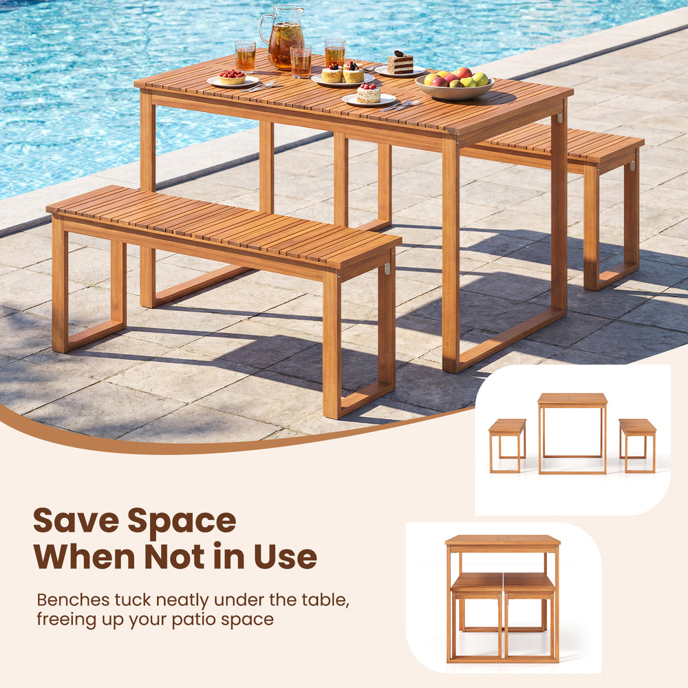 Outdoor acacia wood dining table with slatted tabletop, accommodating 4-6 people, perfect for patio or garden use.
