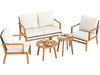 5-piece acacia wood patio furniture set featuring soft cushions, ergonomic design, and two round coffee tables for outdoor relaxation.