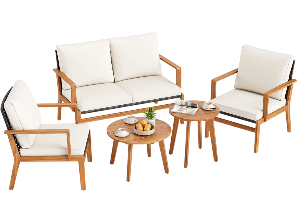 5-piece acacia wood patio furniture set featuring soft cushions, ergonomic design, and two round coffee tables for outdoor relaxation.