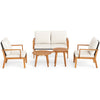 5-piece acacia wood patio furniture set with white cushions, featuring a loveseat and two chairs for outdoor relaxation.
