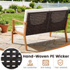 Acacia wood patio sofa set featuring hand-woven PE wicker, ergonomic design, and soft cushions for backyard relaxation.