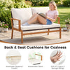 Two-seat patio sofa with acacia wood frame, soft cushions, and breathable fabric for comfortable outdoor relaxation.