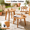 Two round acacia wood coffee tables with adjustable foot pads, perfect for outdoor patio or balcony use.