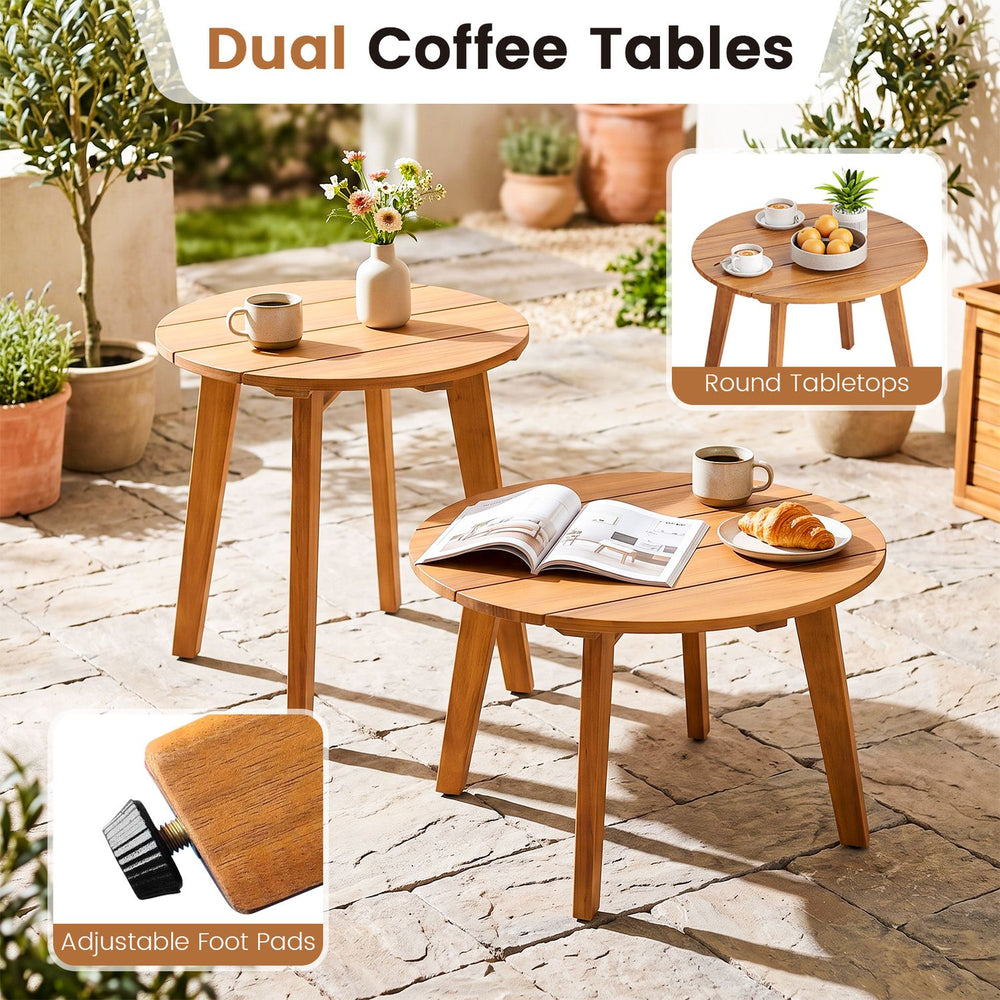 Two round acacia wood coffee tables with adjustable foot pads, perfect for outdoor patio or balcony use.