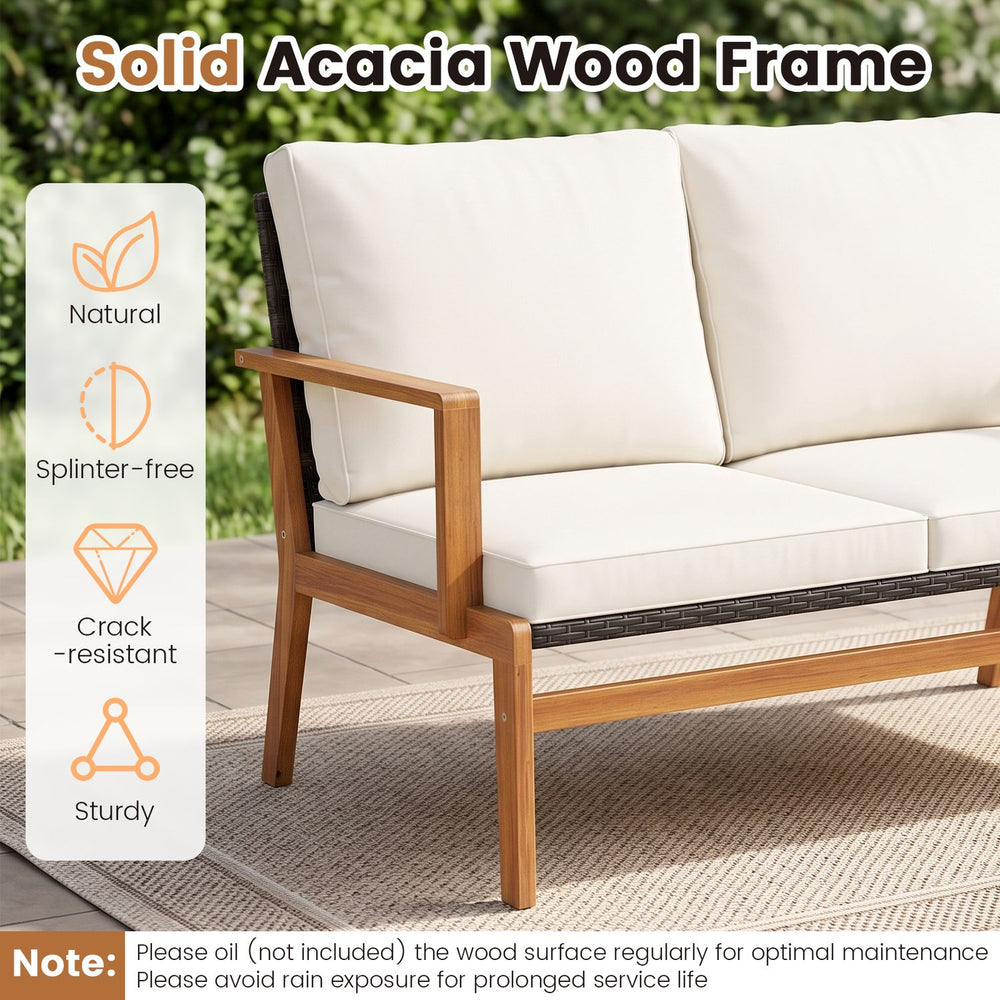Acacia wood patio sofa set features a sturdy frame, soft cushions, and ergonomic design for comfortable outdoor relaxation.
