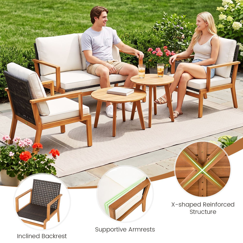 5-piece acacia wood patio furniture set with white cushions, featuring inclined backrests and supportive armrests for comfort.