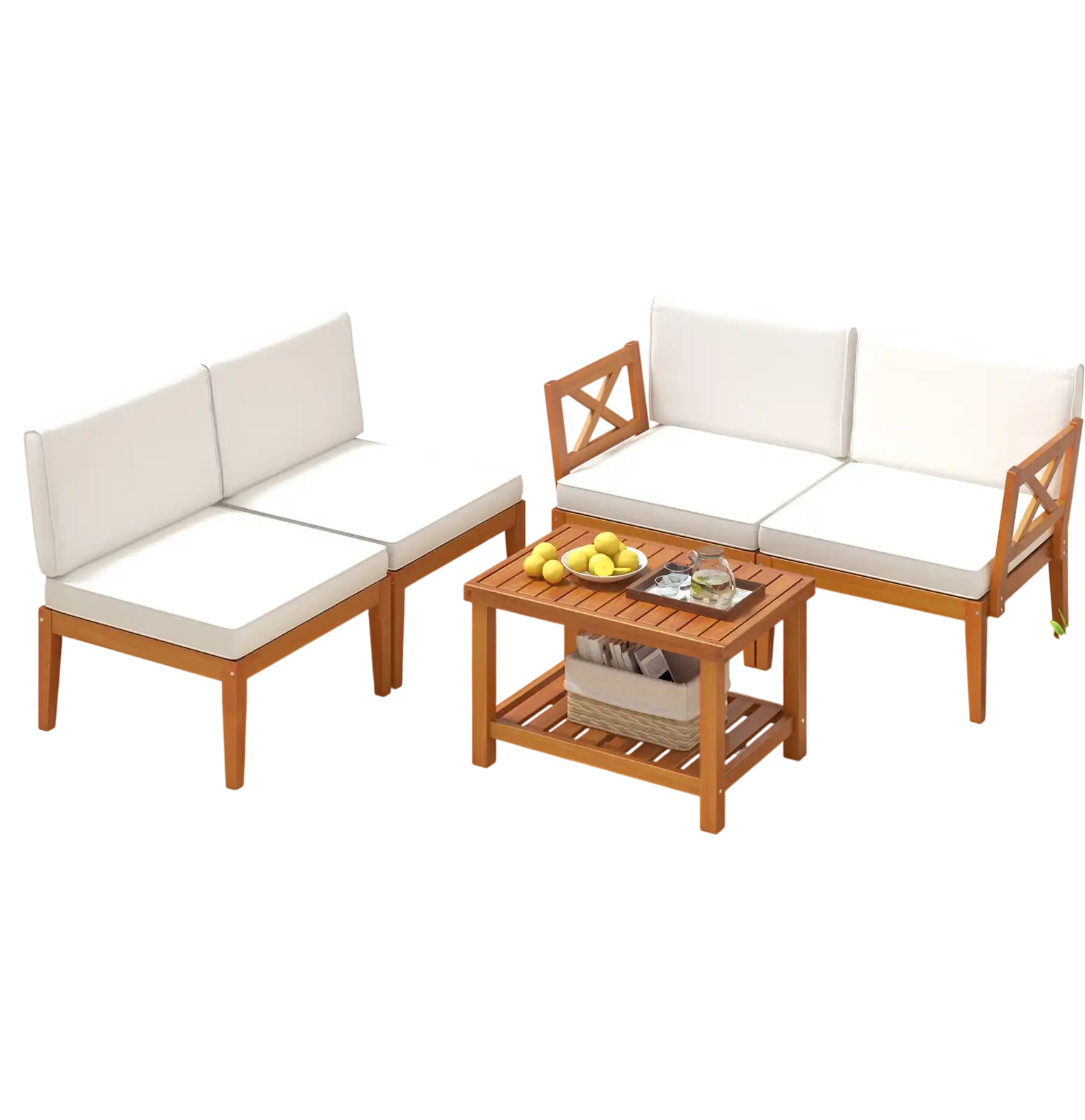 Costway 5-Piece Acacia Wood Patio Sectional Conversation Set w/ Cushions Off White 37298564 New