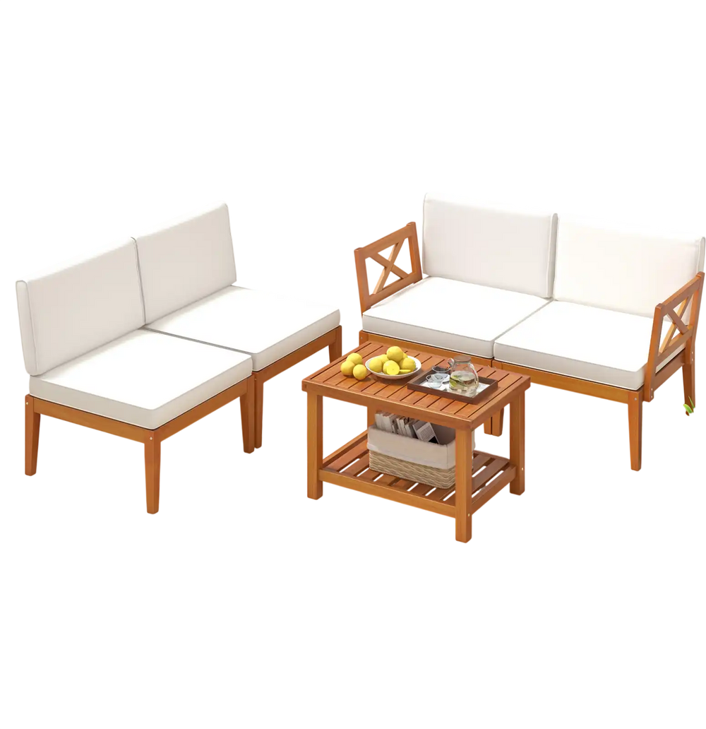 5-piece acacia wood patio furniture set with off-white cushions, ideal for outdoor relaxation in garden or backyard.