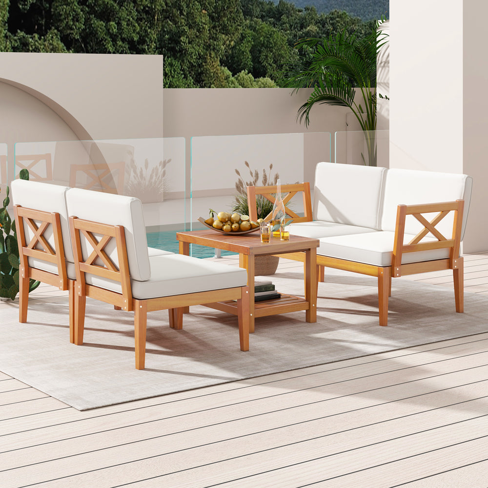 Acacia wood chair from a 5-piece patio set with off-white cushions, perfect for comfortable outdoor seating.