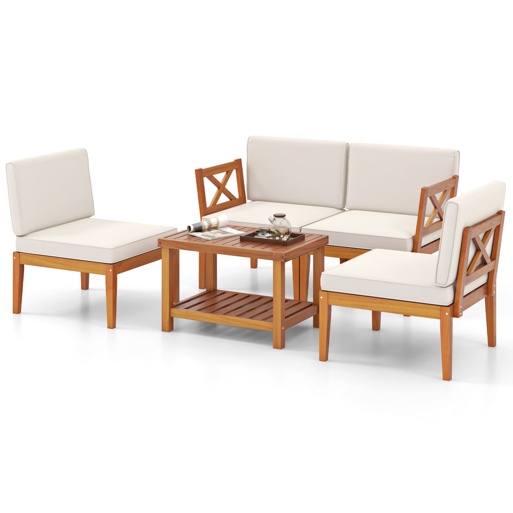 5-piece acacia wood patio furniture set with off-white cushions, ideal for outdoor sectional conversation in garden or.