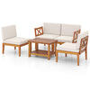 5-piece acacia wood patio furniture set with off-white cushions, featuring a sectional sofa and a 2-tier coffee table.