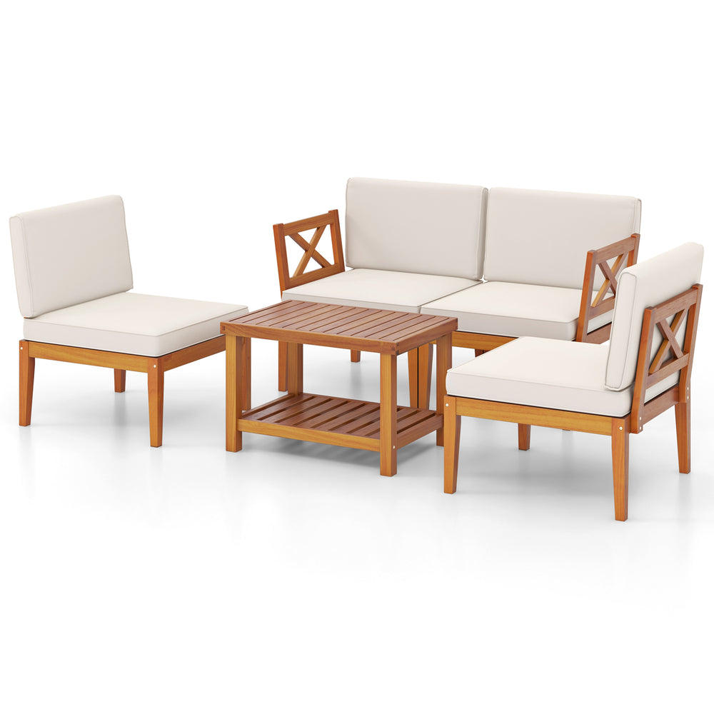 5-piece acacia wood patio furniture set with off-white cushions, featuring a sectional sofa and a 2-tier coffee table.