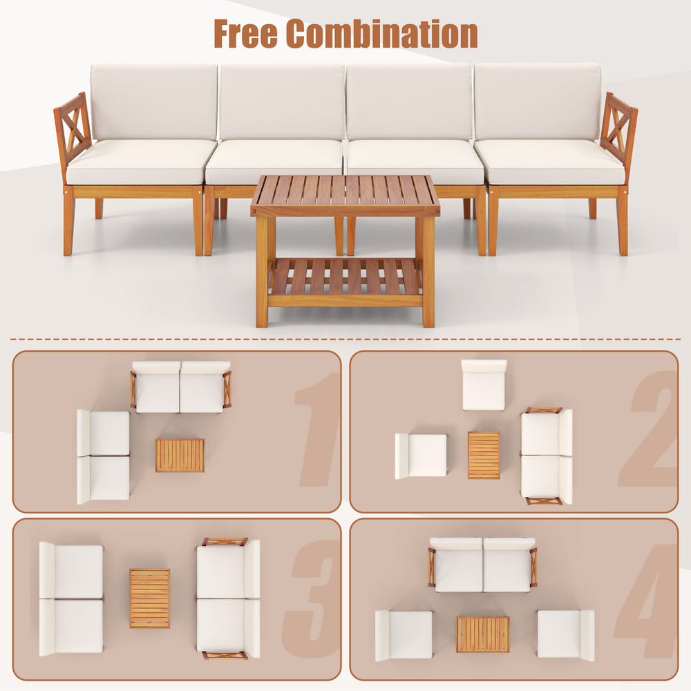 5-piece acacia wood patio furniture set with off-white cushions, featuring a sectional design and a 2-tier coffee table.