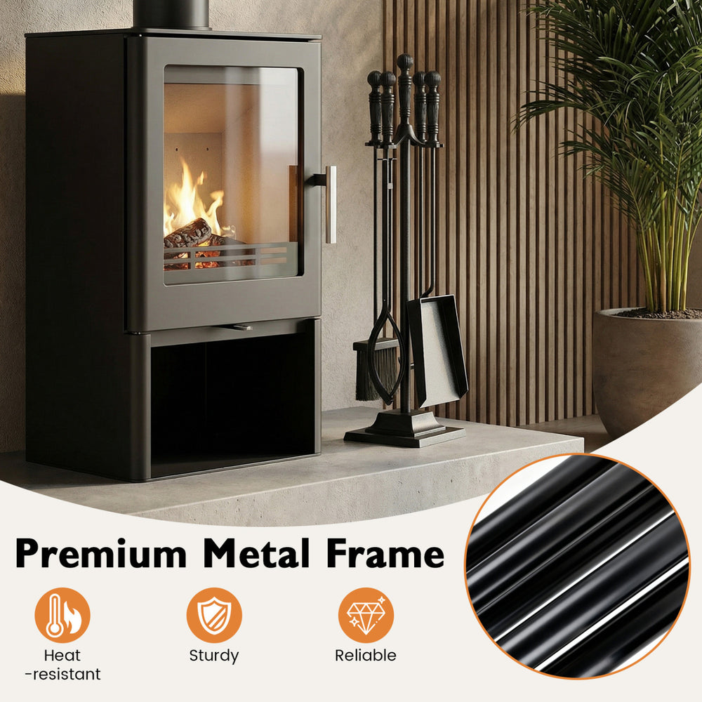 5-piece fireplace tool set with aluminum handles, featuring a heat-resistant metal frame for indoor and outdoor use.