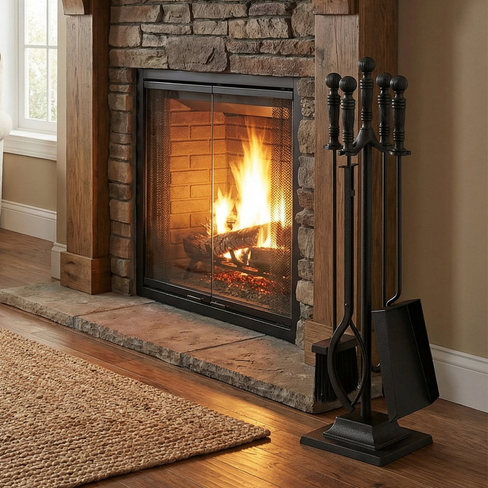 Ergonomic tongs from the 5-piece fireplace tool set with aluminum handles, ensuring safe and comfortable use near.