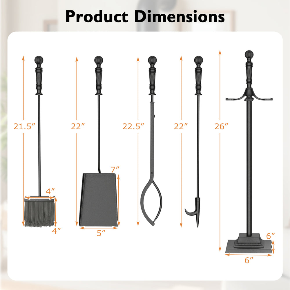 Five-piece fireplace tool set with aluminum handles, including poker, tong, shovel, and brush for indoor and outdoor.