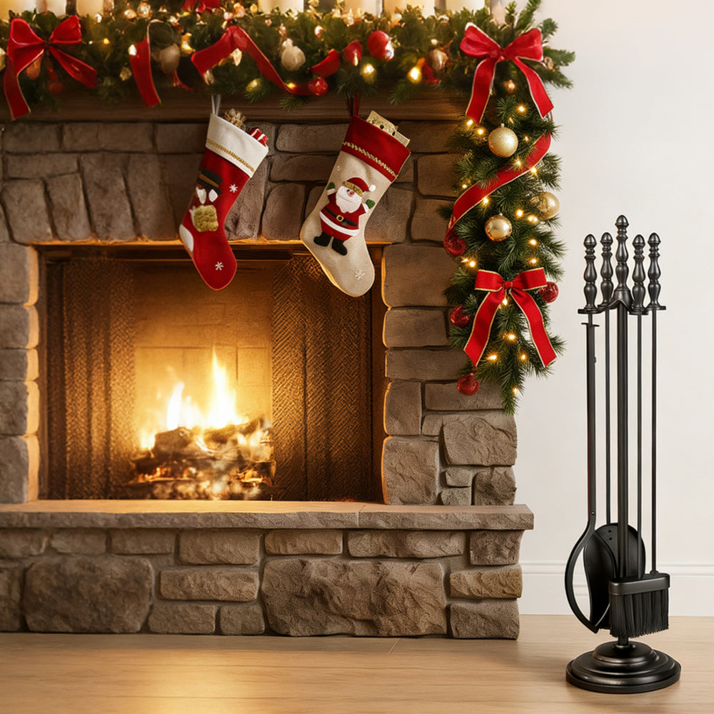 5-piece fireplace tool set with poker, tongs, brush, and shovel in a stylish round stand for efficient fireplace.