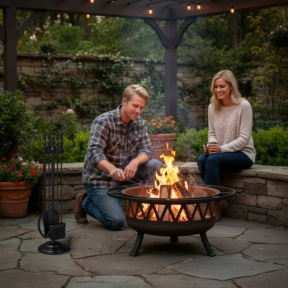 5-piece fireplace tool set with poker, tongs, shovel, and brush, featuring ergonomic handles and a stylish round stand.