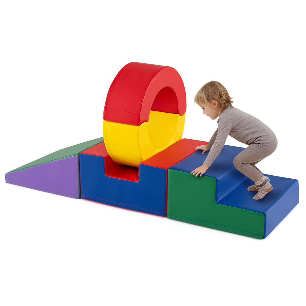 Colorful 5-piece kids climbing toy set with PU leather cover, featuring shapes for climbing, sliding, and crawling.