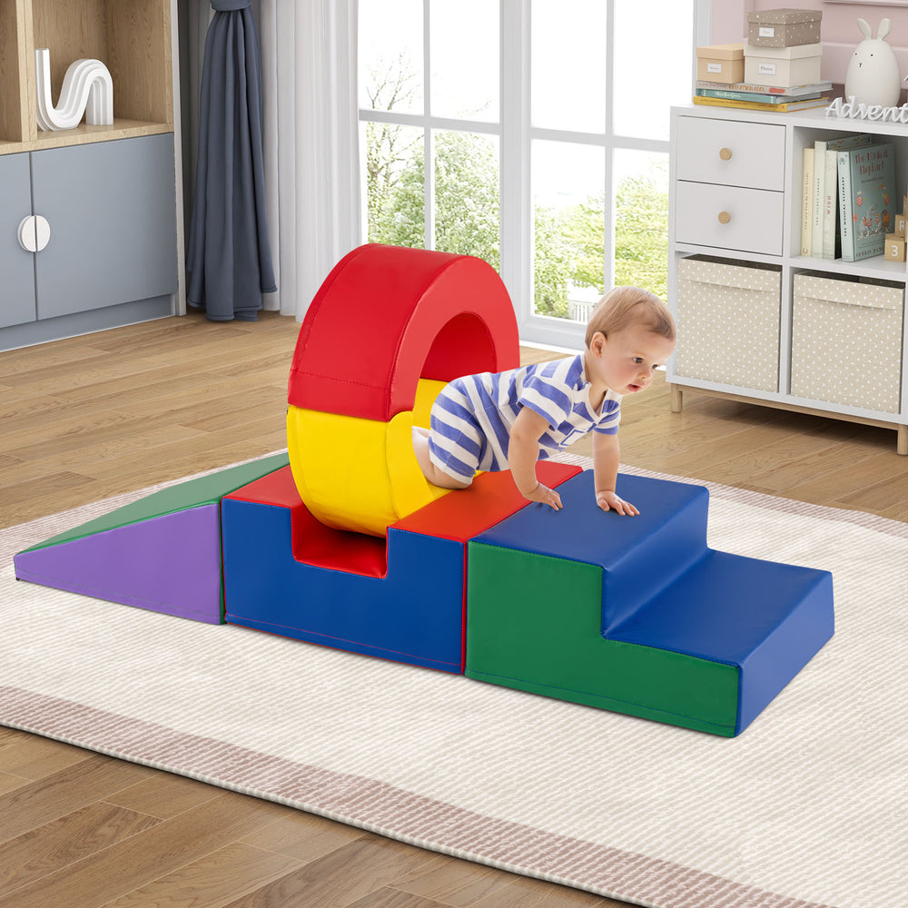 Colorful 5-piece kids climbing toy set with PU leather cover, featuring stairs and a tunnel for active play and skill.