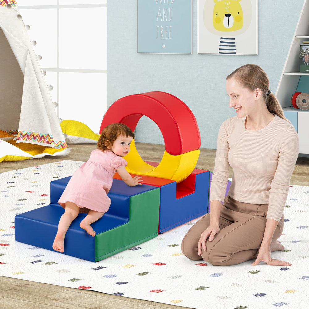 Colorful 5-piece kids climbing toy set with PU leather cover, featuring stairs and a ring block for imaginative play.
