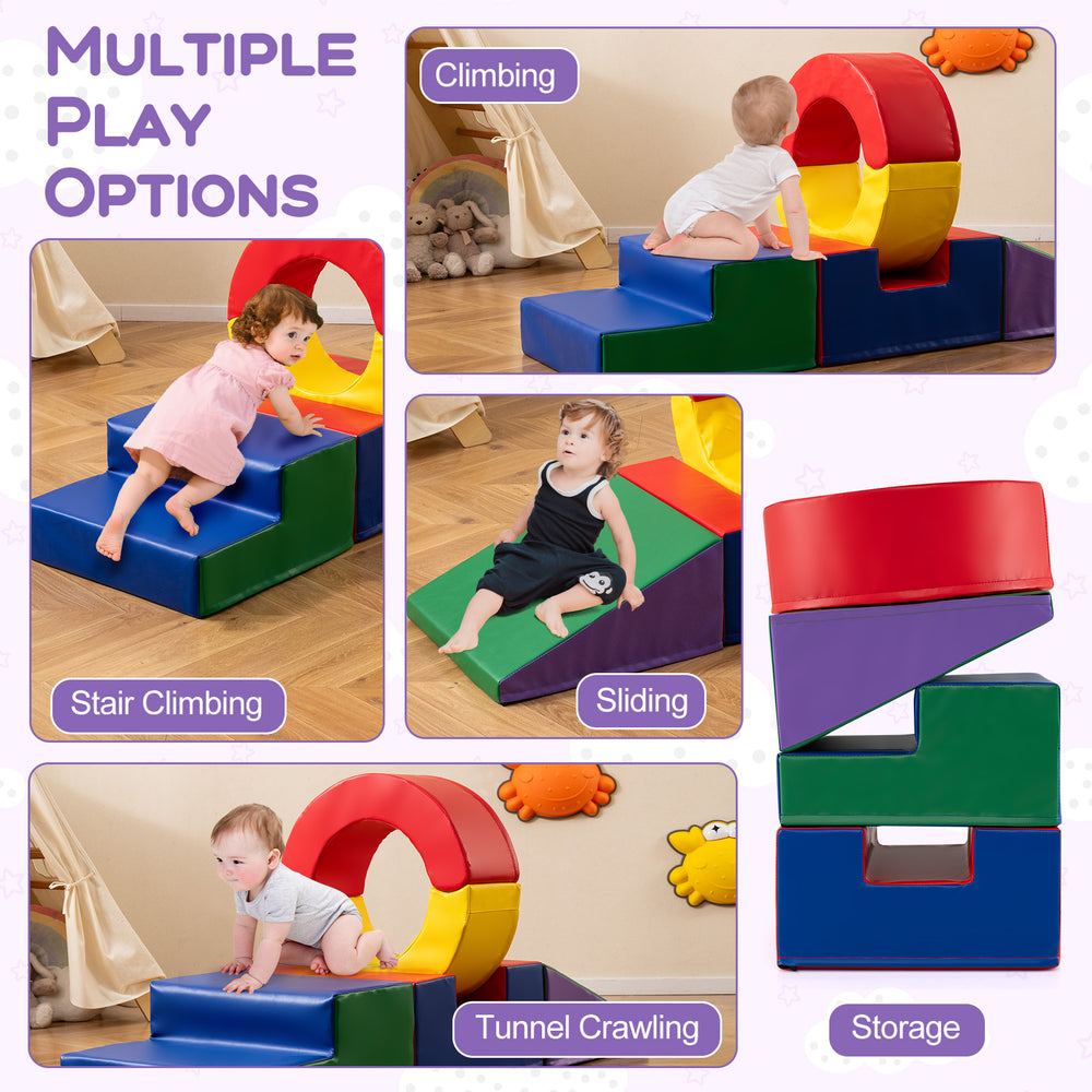 Multicolor kids climbing toys set featuring stair climbing, sliding, and tunnel crawling for active play and skill.
