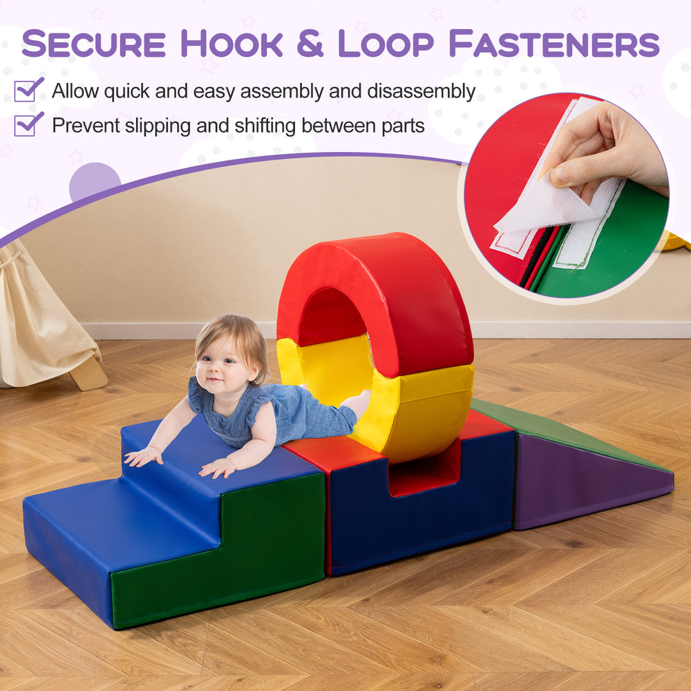 Colorful 5-piece kids climbing toy set with PU leather cover, featuring secure hook and loop fasteners for easy.